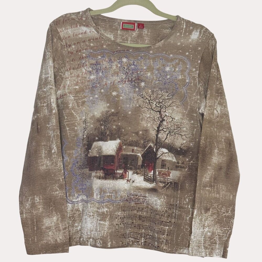 Holiday Traditions Christmas Shirt Knit Top Snow Log Cabin Tan M